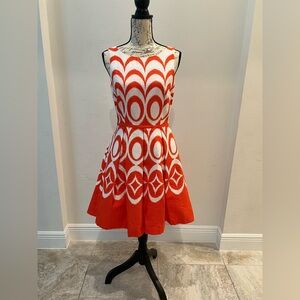 Taylor Orange & White Geometric Fit & Flare Dress - Size 6
